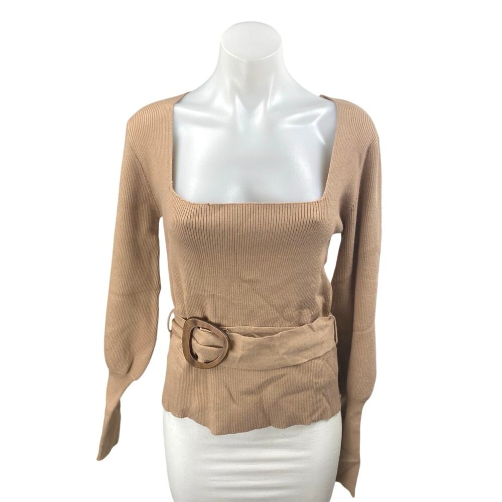 NEW Fashion Union Brown Rib Knit Belted Square Neck Long Sleeve Sweater Top Sz 8